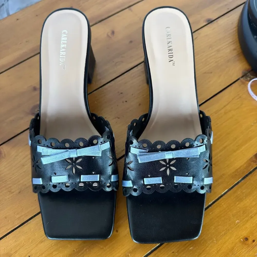 New in box Open Square Toe Black Mules Chunky Block Heel Size 9.5 Ribbon Floral - Picture 3 of 11